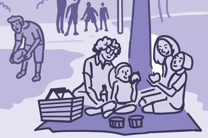 Illustration of families and friends being active together at a park