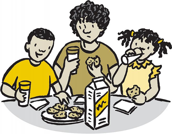 Illustration of mom looking at milk skeptically as kids have milk and cookies Illustration of mom looking at milk skeptically as kids have milk and cookies.