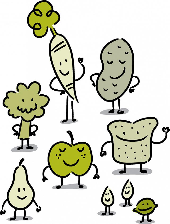 Illustration of anthropomorphized fruit, vegetables, bread, nuts and seeds.