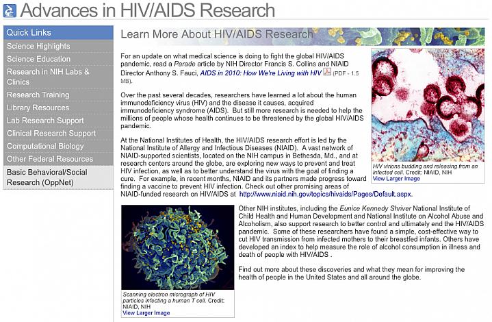 Screenshot of the Advances in HIV/AIDS Research web site.