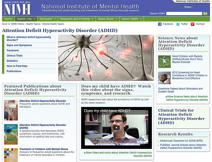 Screen capture of Attention Deficit Hyperactivity Disorder web site.