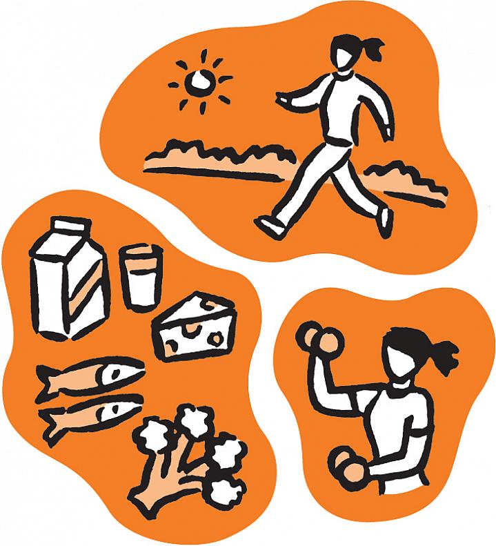 Illustration of woman walking in sunshine, calcium rich foods and a woman lifting weights Illustration of woman walking in sunshine, calcium rich foods and a woman lifting weights.