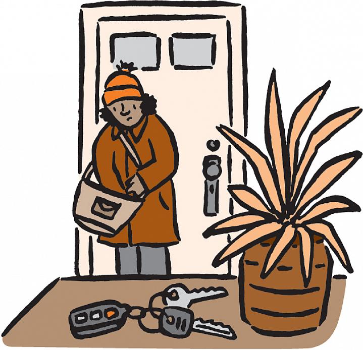 Illustration of woman looking in purse for keys while they sit on the table Illustration of woman looking in purse for keys while they sit on the table.