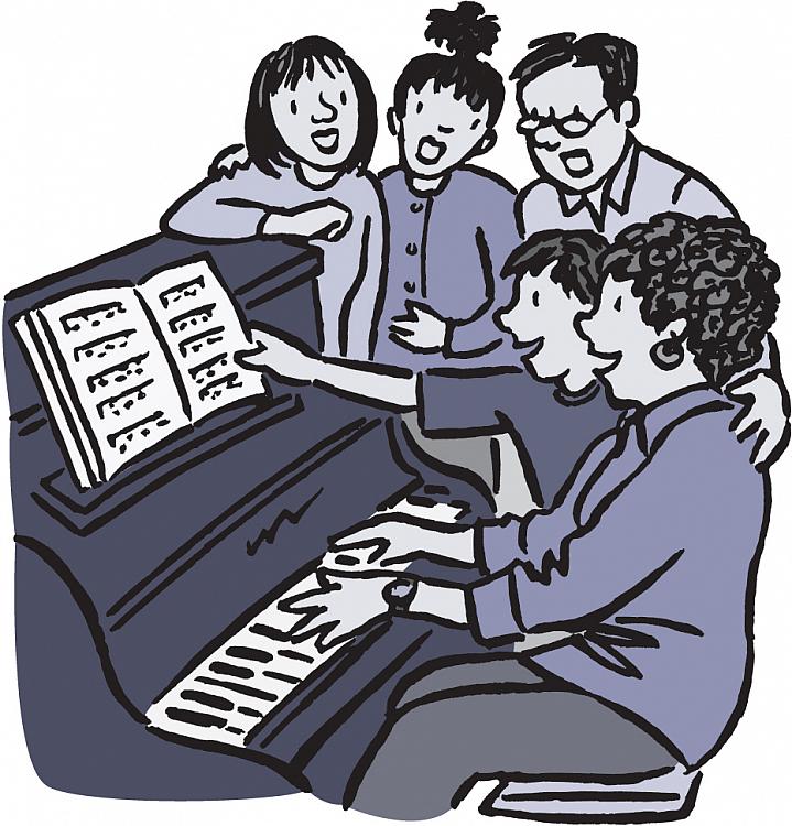 Illustration of a family singing around a piano.