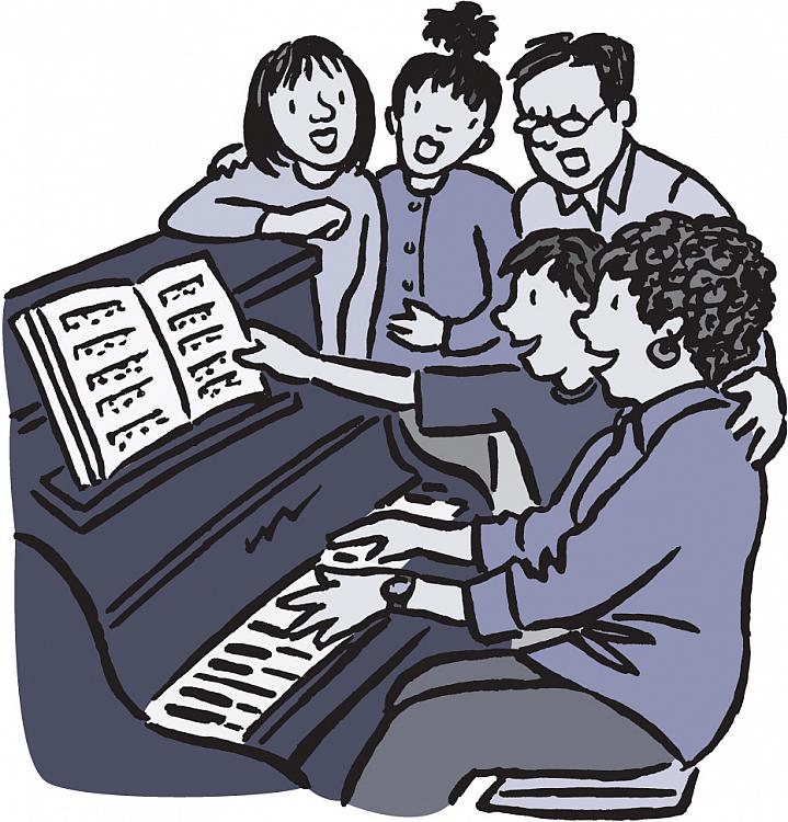 Illustration of a family singing around a piano Illustration of a family singing around a piano.