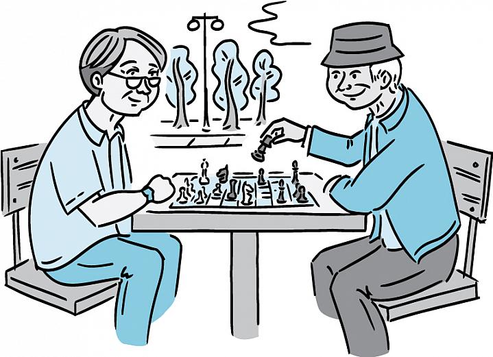 Illustration of two older men playing chess outdoors.