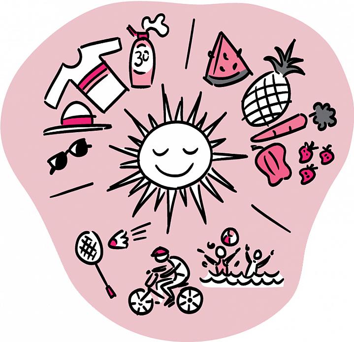 Illustration of sun surrounded by fresh produce, sun protection gear and people having fun outdoors Illustration of sun surrounded by fresh produce, sun protection gear and people having fun outdoors.