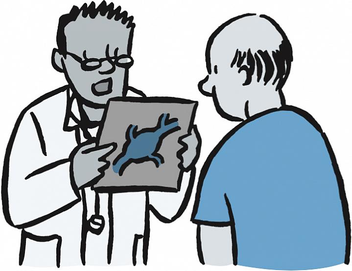 Illustration of doctor showing patient an image of a bulging artery.