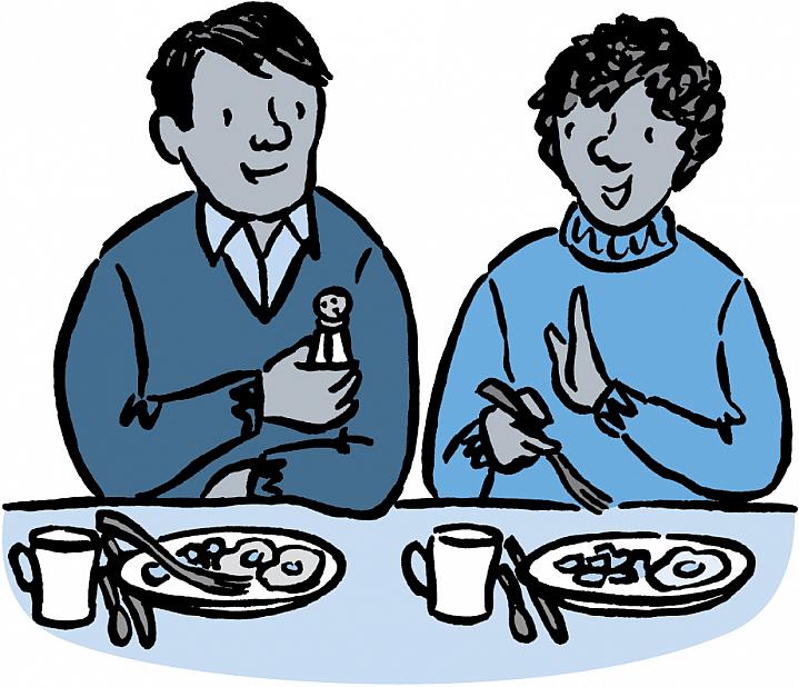 Illustration of person declining to take a salt shaker Illustration of person declining to take a salt shaker.