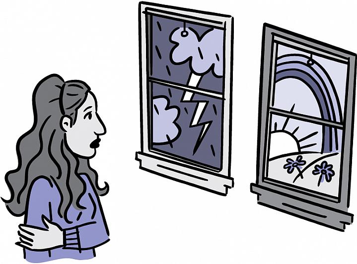 Illustration of woman looking at two windows, one with a violent storm and one with a sunny, peaceful scene.
