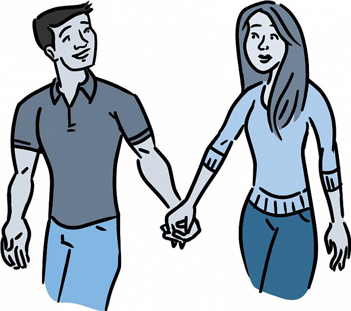 Illustration of a young man and woman holding hands and talking.
