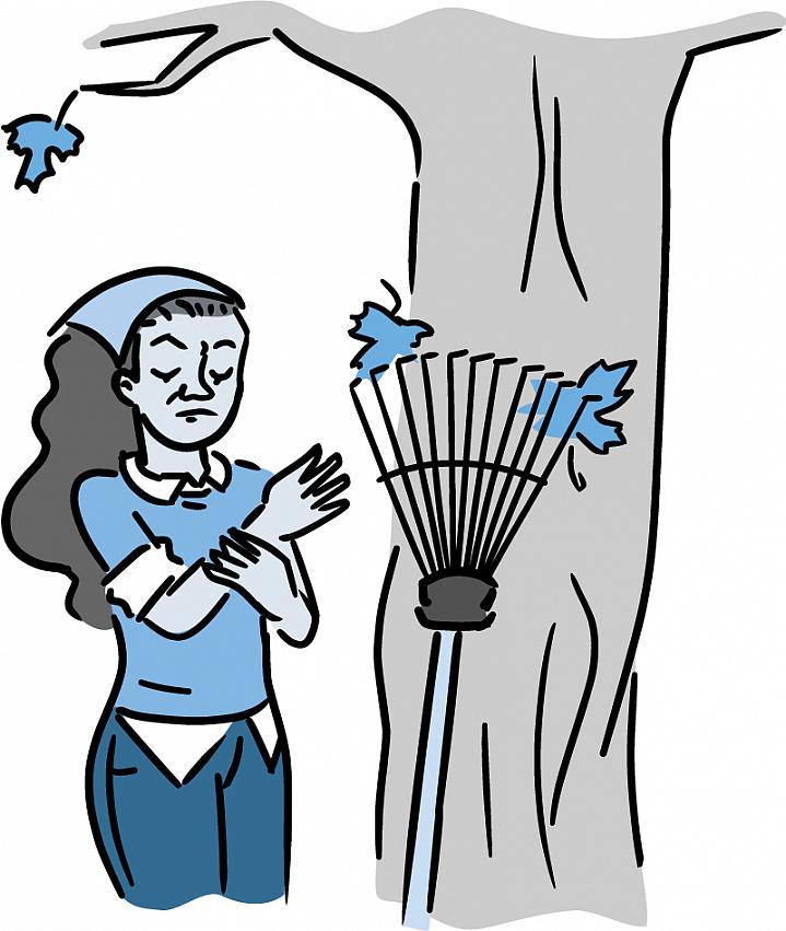 Illustration of an older woman, grasping her wrist after raking leaves.
