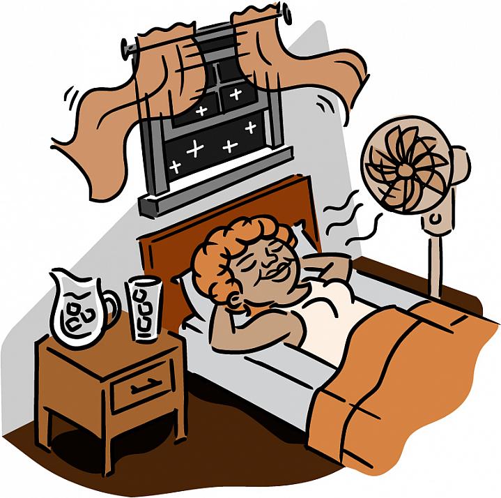 Illustration of a sleeping older woman staying cool with a fan, ice water and open window Illustration of a sleeping older woman staying cool with a fan, ice water and open window.