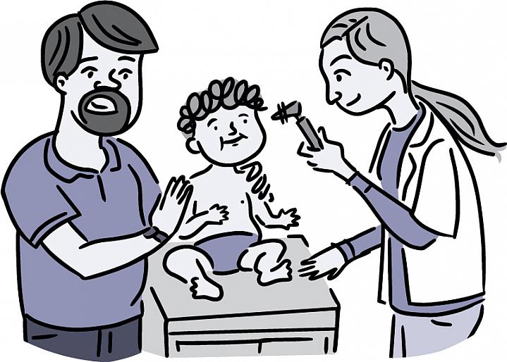 Illustration of a doctor examining a baby’s ear with an otoscope.