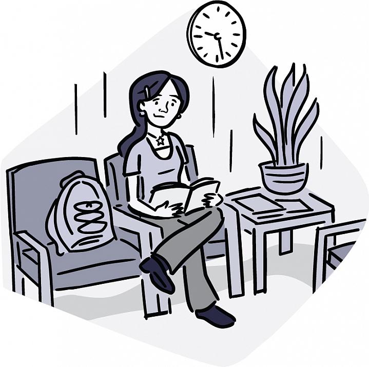 Illustration of a young woman alone in a waiting room Illustration of a young woman alone in a waiting room.