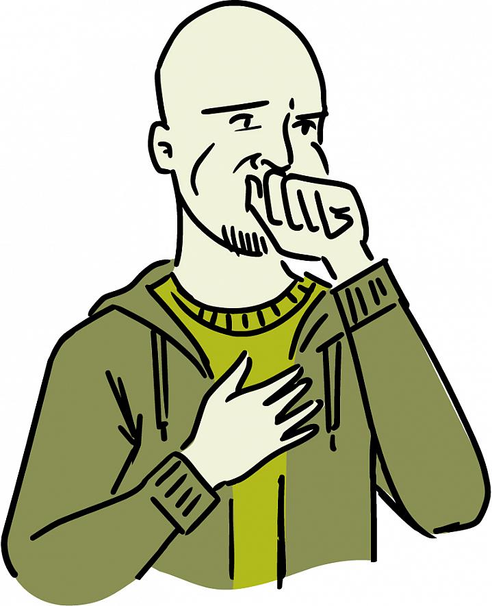Illustration of an uncomfortable man covering his mouth.