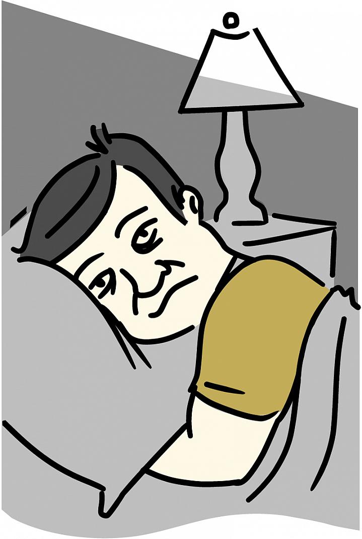 Illustration of a miserable-looking man, head on a pillow, unable to fall asleep Illustration of a miserable-looking man, head on a pillow, unable to fall asleep.