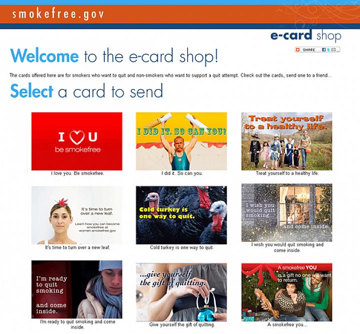 Screen capture of Smokefree E-cards website