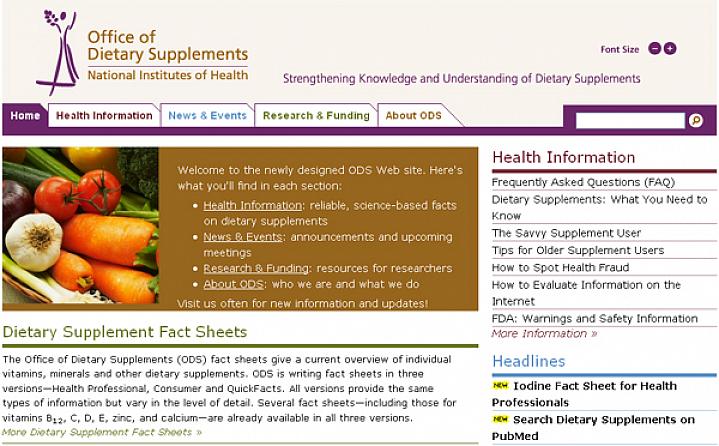 Screen capture of the NIH Office of Dietary Supplements web site.