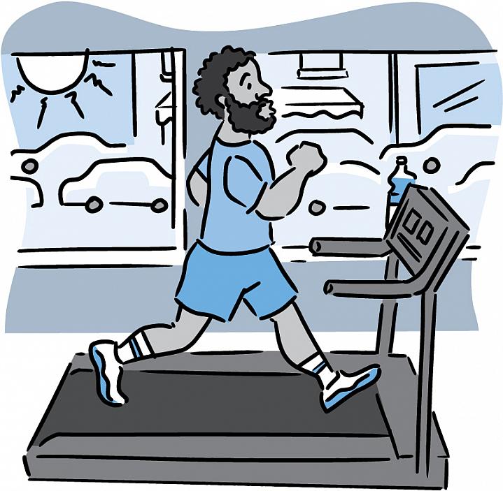 Illustration of a man running indoors on a treadmill, with traffic visible through window Illustration of a man running indoors on a treadmill, with traffic visible through window.