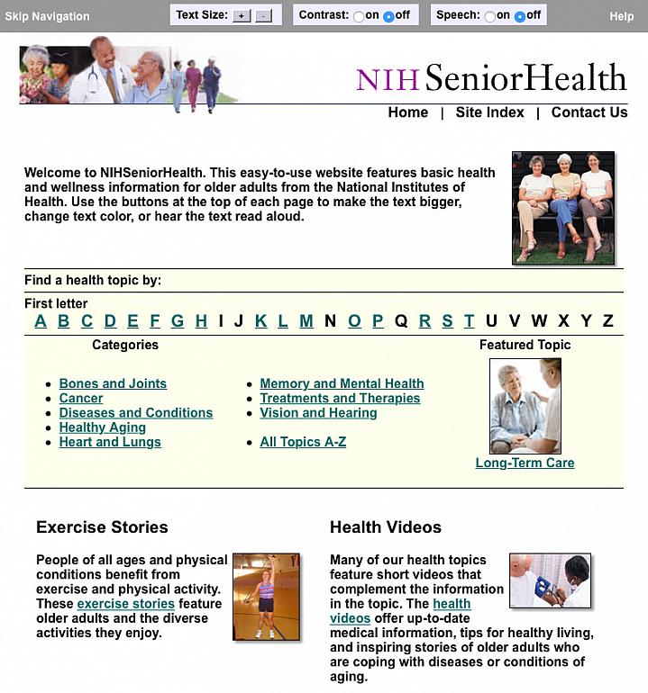 Screen capture of NIHSeniorHealth website.