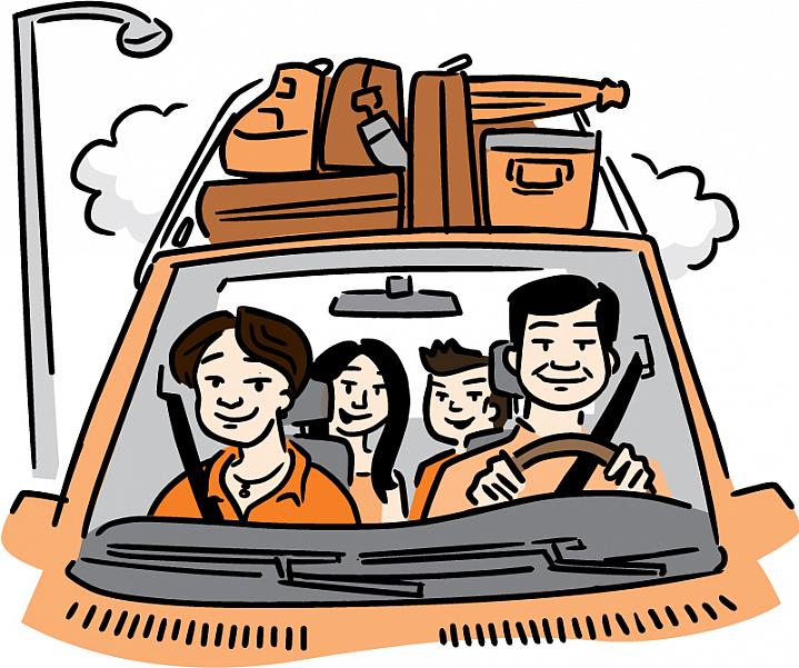 Illustration of a family traveling in a car loaded with luggage.