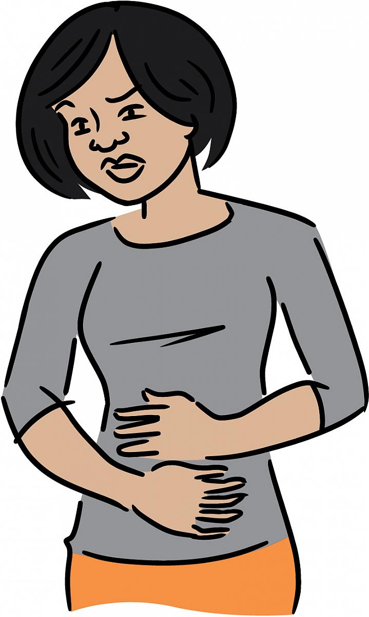 Illustration of an uncomfortable-looking woman clutching her lower belly Illustration of an uncomfortable-looking woman clutching her lower belly.