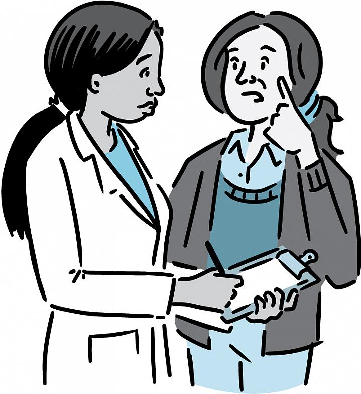 Illustration of a woman describing symptoms to her doctor.