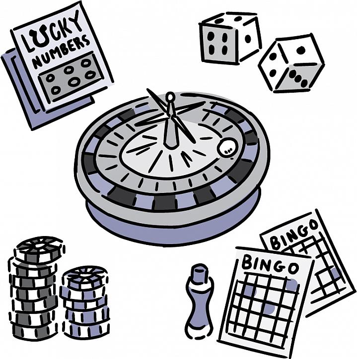 Illustration of things used in gambling, including lottery ticket, dice and chips.