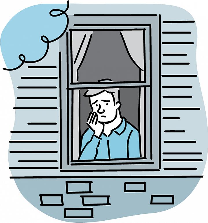 Illustration of a worried man looking out of a window Illustration of a worried man looking out of a window.
