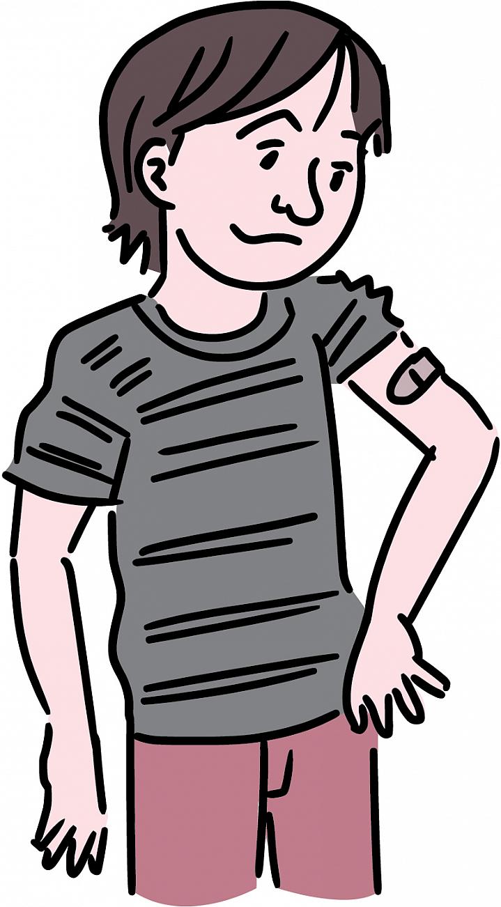 Illustration of boy looking at a Band-Aid on his vaccinated arm Illustration of boy looking at a Band-Aid on his vaccinated arm.
