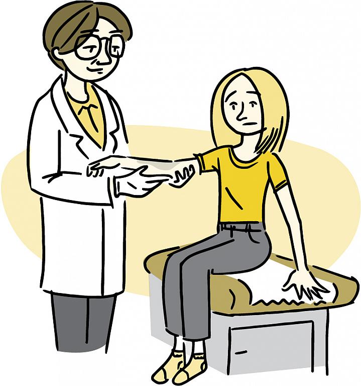 Illustration of a doctor examining a rash on a woman’s arm Illustration of a doctor examining a rash on a woman’s arm.