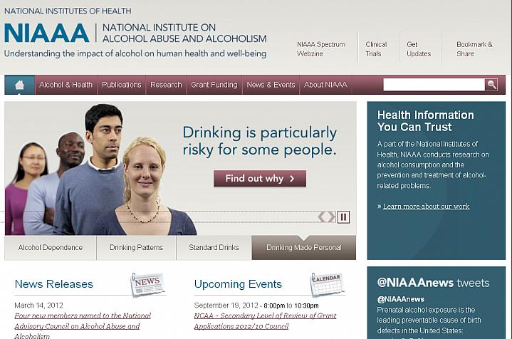 Screen capture of the homepage for NIH’s NIAAA.
