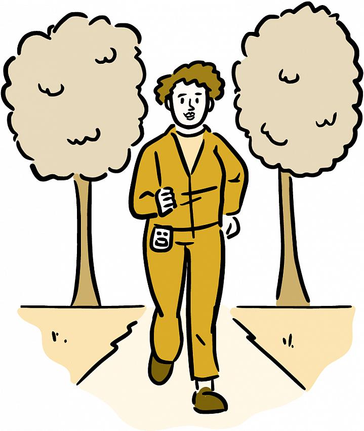 Illustration of a woman wearing a pedometer and walking along a trail Illustration of a woman wearing a pedometer and walking along a trail.