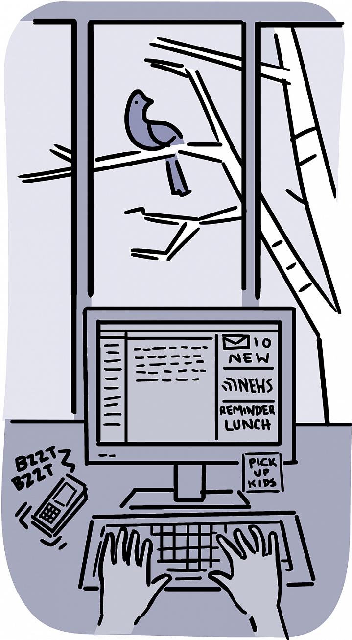 Illustration of a busy computer workstation and a peaceful window view of bird on a tree Illustration of a busy computer workstation and a peaceful window view of bird on a tree.