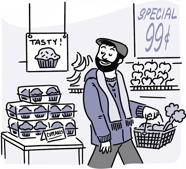 Illustration of a man bypassing cupcakes and carrying a shopping basket filled with produce.