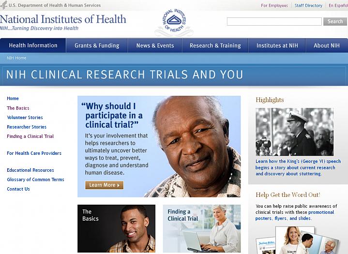 Screen capture of the homepage for NIH Clinical Research Trials and You.