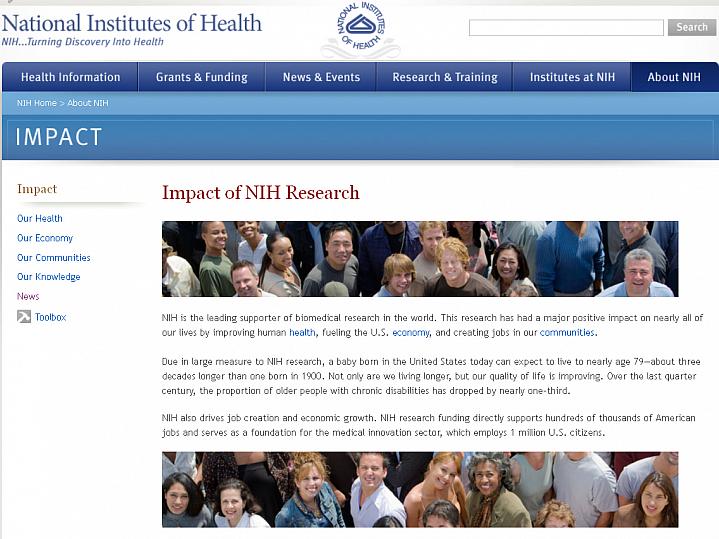 Screen capture of the homepage for Impact of NIH Research.