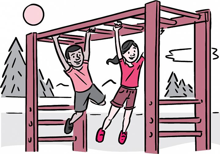 Illustration of 2 kids playing on the monkey bars.