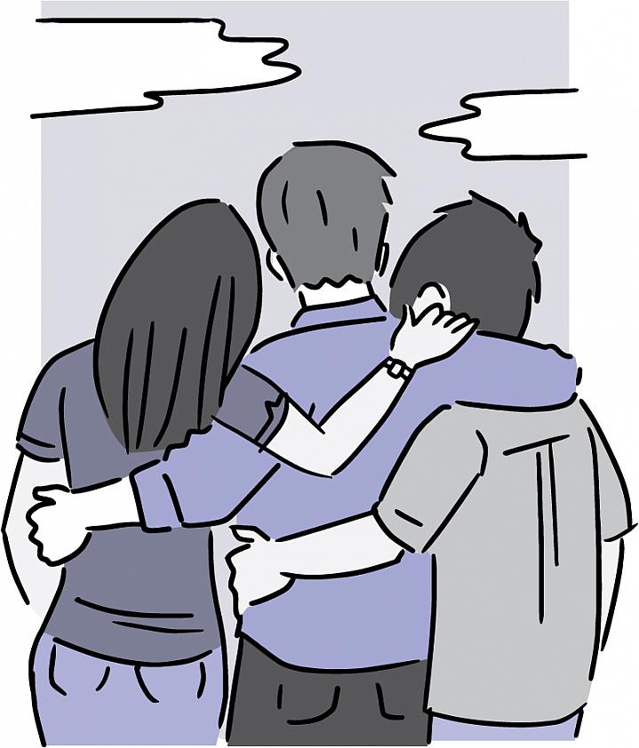 Illustration showing 3 people from behind, with their arms around each other.