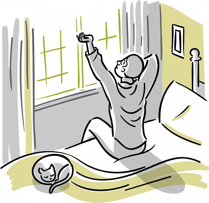 Illustration of a man waking up and stretching before a sun-filled window Illustration of a man waking up and stretching before a sun-filled window.