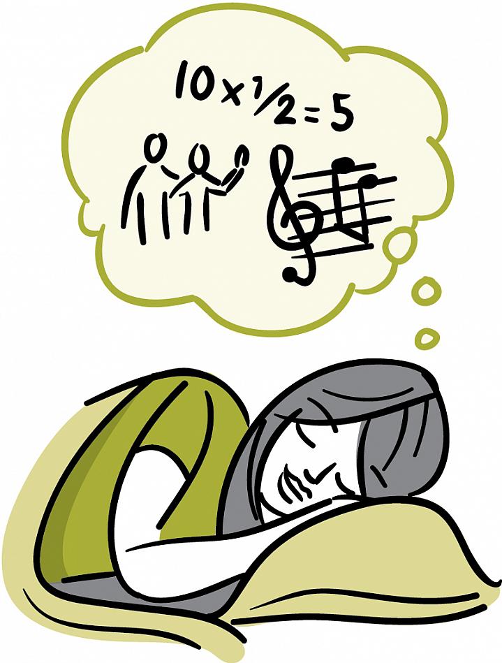 Illustration of a sleeping woman thinking about music, math and friends Illustration of a sleeping woman thinking about music, math and friends.