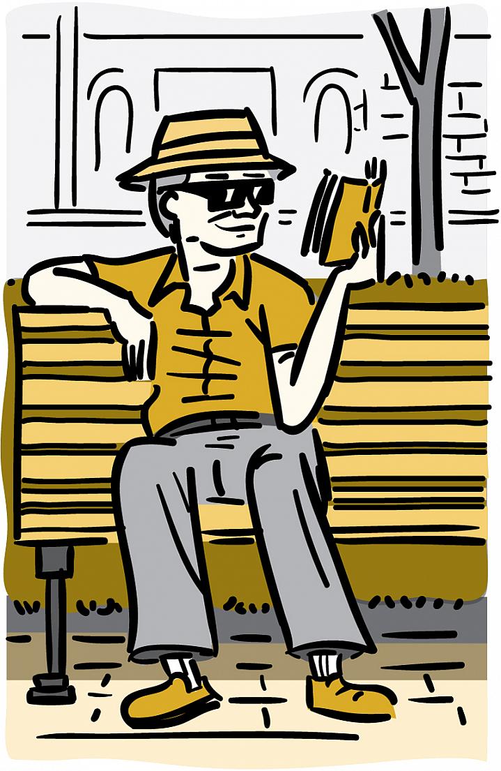 Illustration of an older man wearing a brimmed hat and sunglasses while reading a book outside.