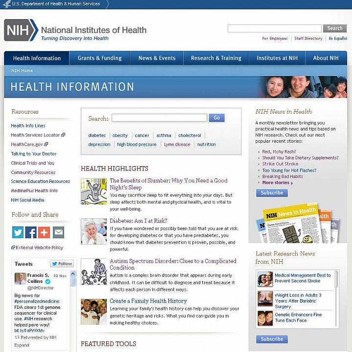 Screen capture of the homepage for the NIH Health Information website Screen capture of the homepage for the NIH Health Information website.