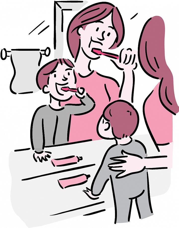 Illustration of a mother and toddler brushing their teeth in front of a mirror Illustration of a mother and toddler brushing their teeth in front of a mirror.