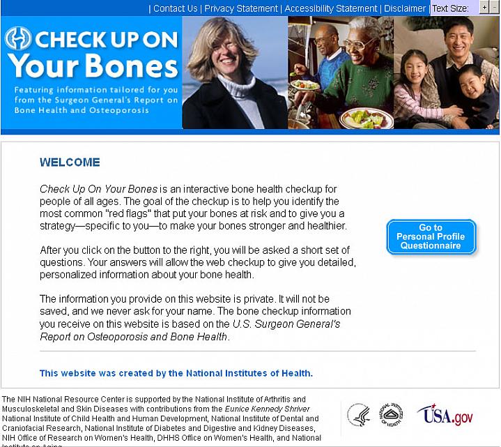 Screen capture of the homepage for Check Up on Your Bones.