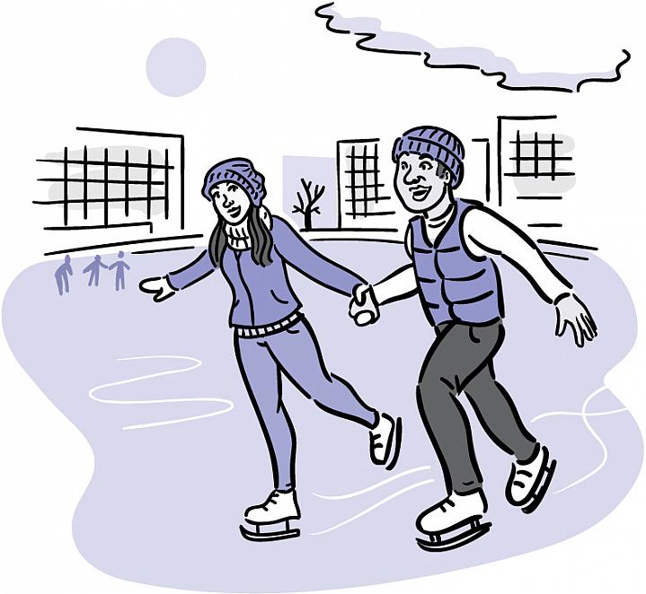 Illustration of a man and woman ice skating.