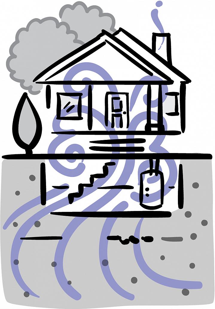 Illustration of swirling gas seeping from the ground into a basement and throughout a home.