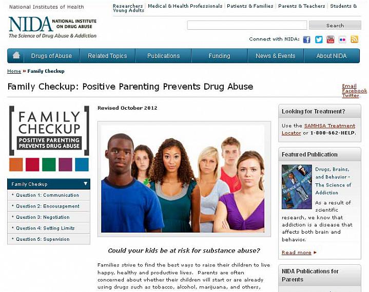 Screen capture of the homepage for Family Checkup: Positive Parenting Prevents Drug Abuse.