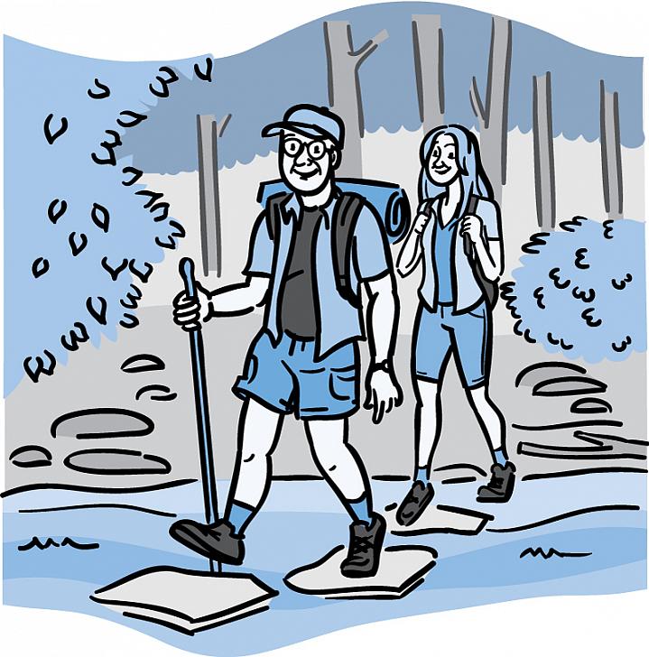 Illustration of an older couple hiking through the woods.